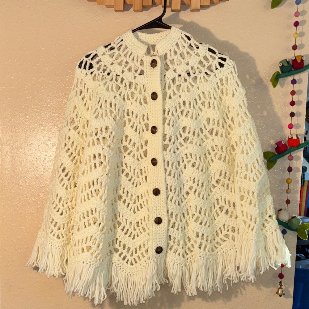 Vintage Cream Crochet Fringe Poncho Sweater